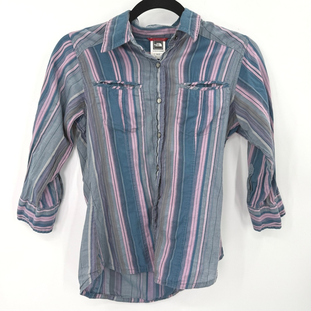 The North Face Button Up Women XS Striped Gorpcore Organic Cotton Y2K Granola